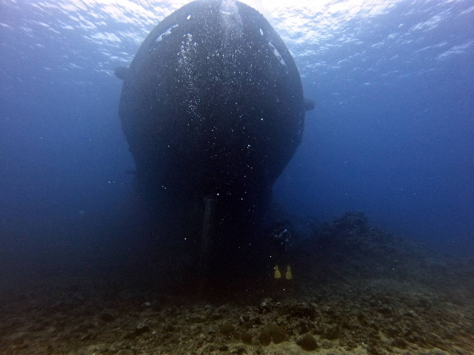 The bow of a wreck, seen from below